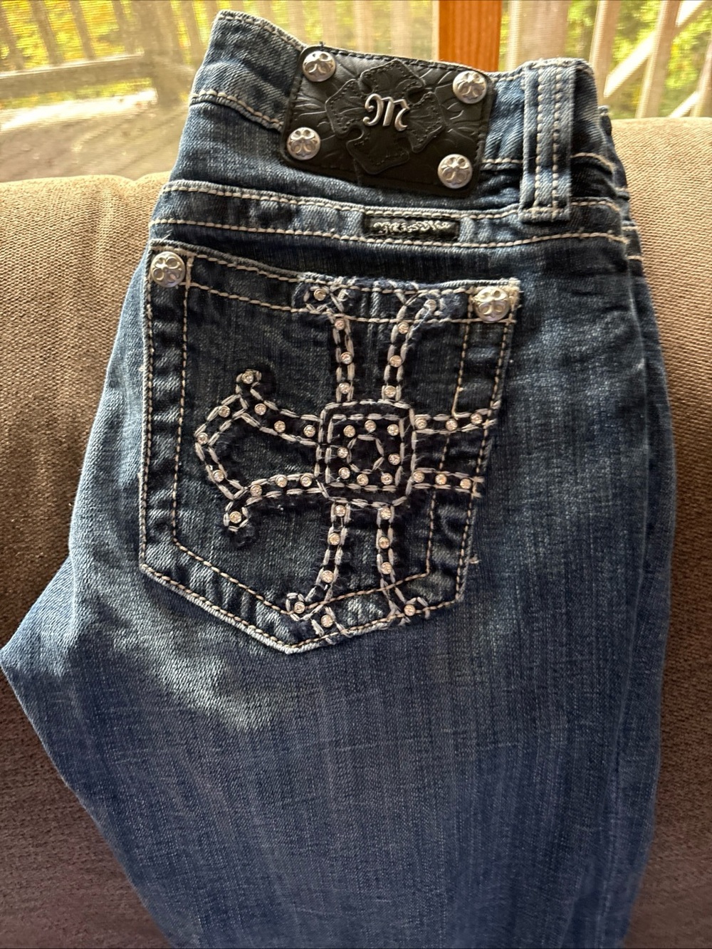 Vintage MISS ME Y2K Crystal Gothic Cross Pocket Low Rise BOOT Bootcut jeans-29